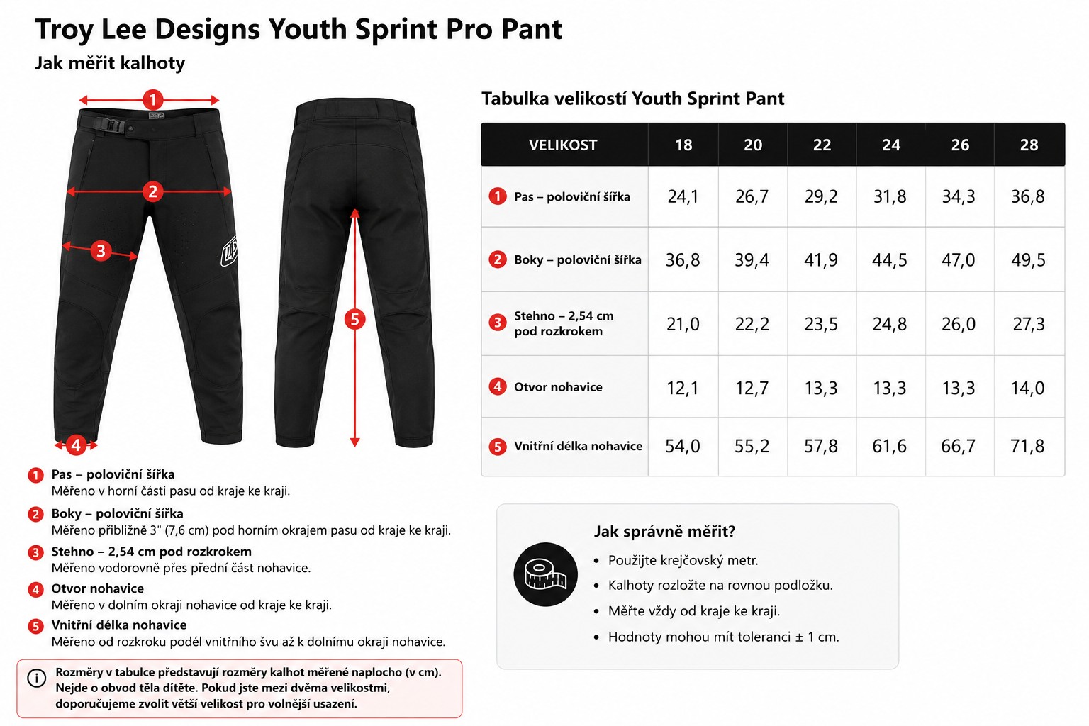 Troy Lee Designs Youth Sprint Pro dětské MTB kalhoty – schéma měření a tabulka velikostí 18 až 28