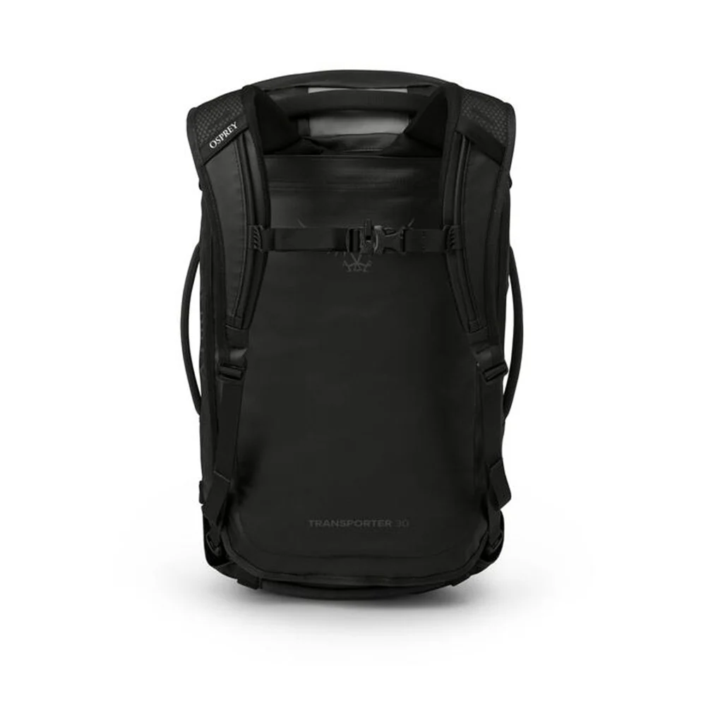 OSPREY Transporter Duffel 30 Raven Black zadní část a popruhy pro nošení jako batoh