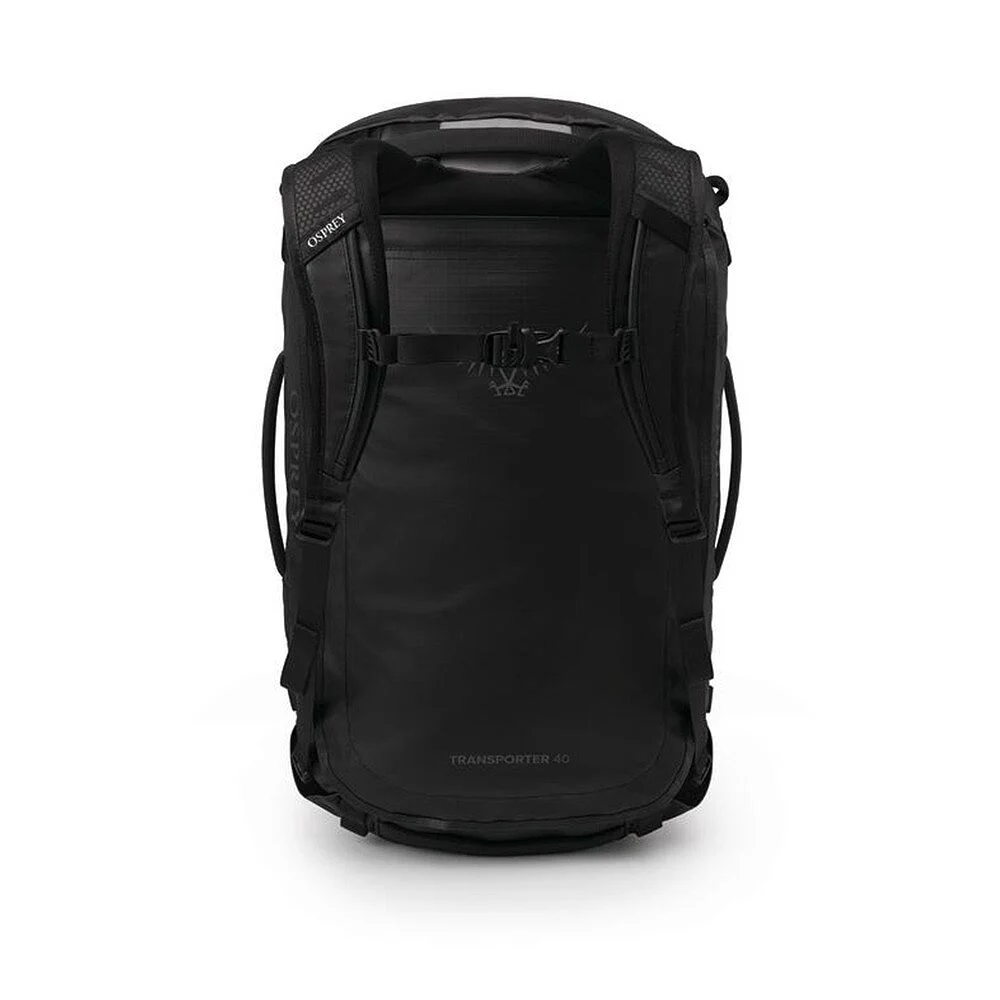 OSPREY Transporter Duffel 40 Raven Black zadní část a popruhy pro nošení jako batoh