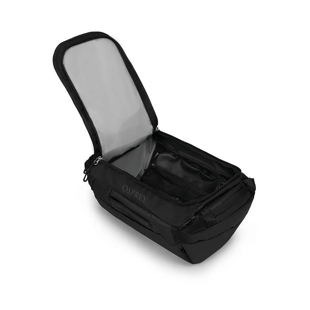 OSPREY Transporter Duffel 40 Raven Black detail bočního profilu a konstrukce cestovní tašky