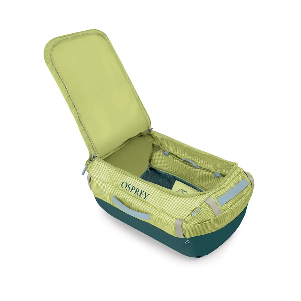 OSPREY Transporter Duffel 65 Glow Dew Torrent Blue detail konstrukce a materiálu